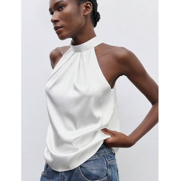 White Satin Halter Blouse Top - Picture 7 of 8